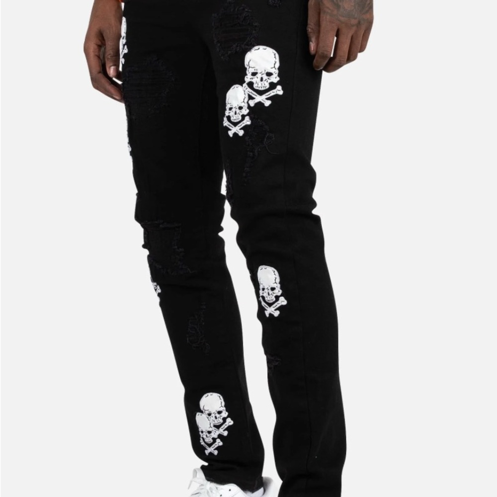 Preme Men's Black Slim Jeans with Skull Design